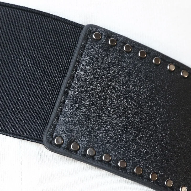 

New Punk Black Leather Cummerbunds Female Woman Belt Studded Wide Women'S Belts Punk Rivet Stretchy Dress Decoration Lady