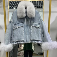 90 white duck down jacket for women parkas korean bat sleeves short denim coat with big fur collar winter new loose outerwear
