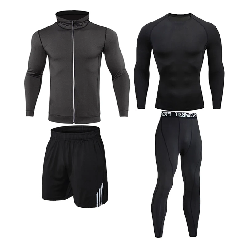 4-piece suit Комплект из 4 предметов, мужская спортивная одежда, Компрессионные спортивные костюмы, быстросохнущие комплекты одежды для бега, спортивный костюм для бега, тренировок, тренажерного зала, фитнеса, спортивный костюм - Цвет: 4-piece suit