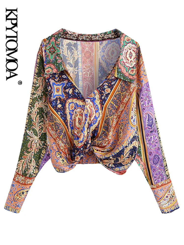 

KPYTOMOA Women 2021 Fashion Totem Print Pleated Cropped Blouses Vintage Long Sleeve Elastic Hem Female Shirts Blusas Chic Tops