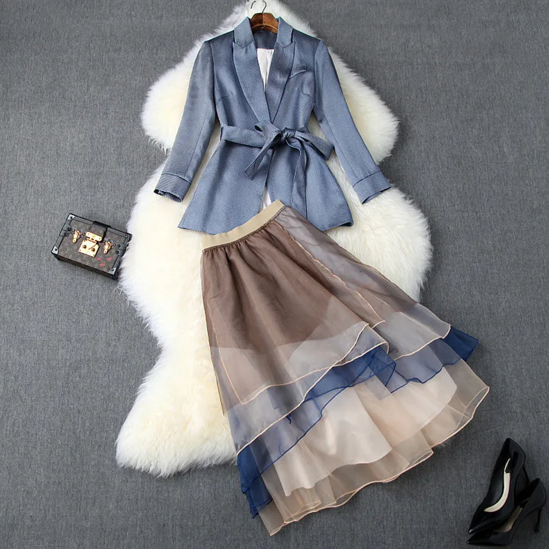 

Elegant Lady Spring Autumn Fashion Women Notched Lace Up Blazer Dress Suit Midi Ruffled Organza Skirt Set Office Party Outfits