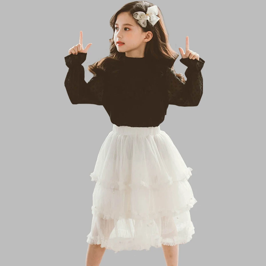 Весенняя одежда для девочек блузка в горошек + многослойная юбка детская из 2