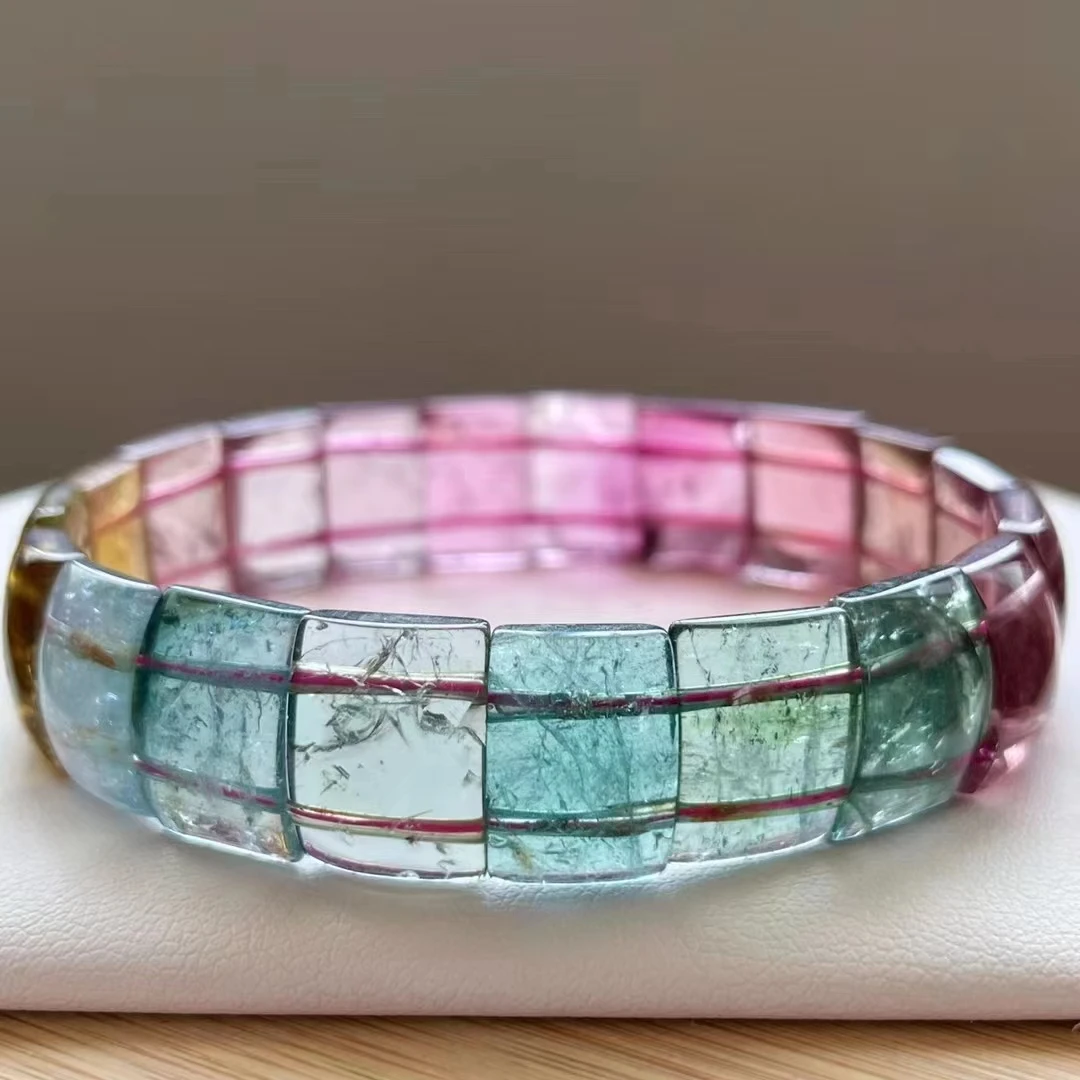 

Натуральный разноцветные турмалиновые браслет с арбузом Кристалл Круглые бусины 13,5*4 мм для мужчин и женщин с украшением в виде кристаллов ...