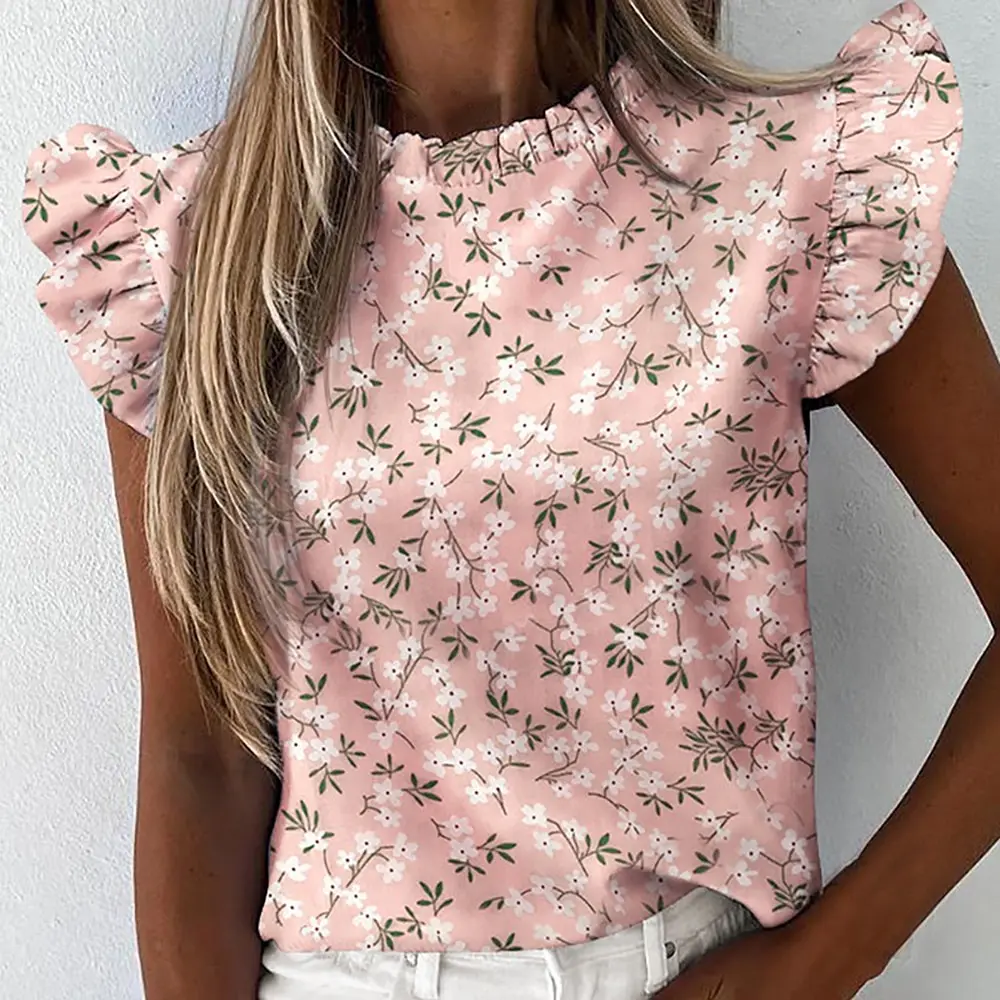 

Daisy Pineapple Print Ruffle Blouse Shirts Office Lady 2021 Summer Short Sleeve Slim Blouses women Sexy Tops
