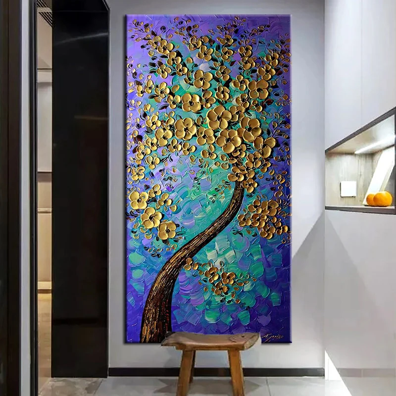 Абстрактная желтая Цветочная елка холст картина маслом синяя черная земля