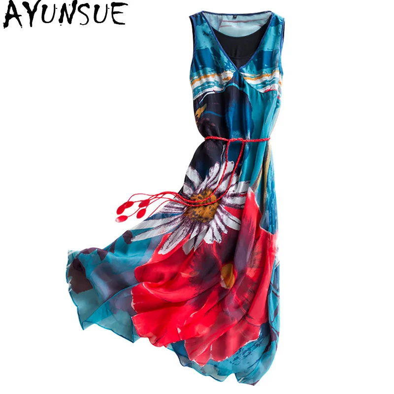 Женское летнее платье из натурального шелка винтажное Макси-платье без рукавов с