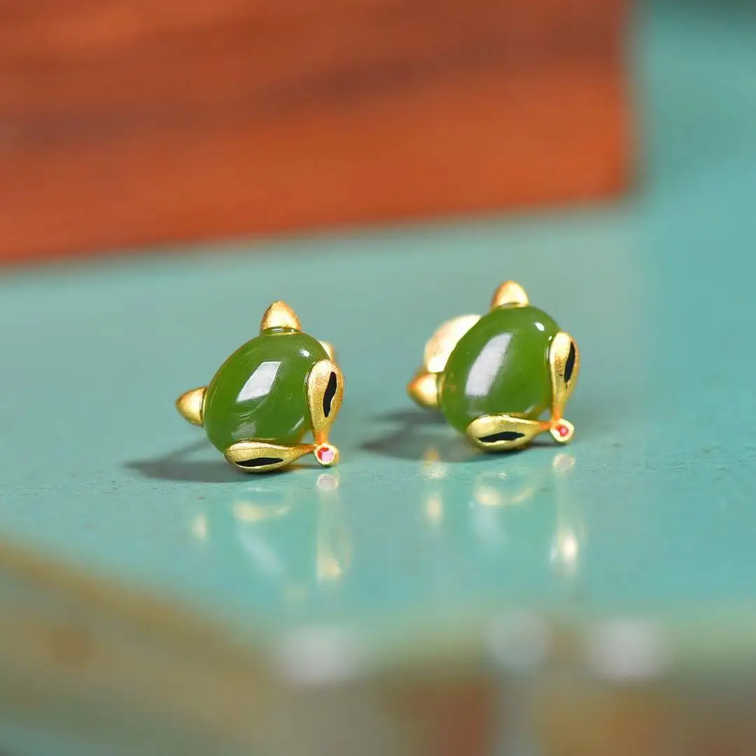 

Natural 925 Silver Inlaid Hetian Jade Fox Earrings