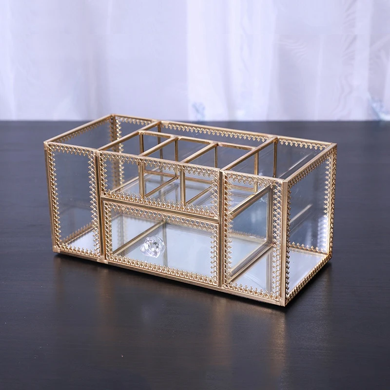 Make Up Storage Baskets Vintage Golden Polygon Shaped Organizer Brass Tone Clear Glass Ornate Jewelry Sundries Tray | Багаж и сумки