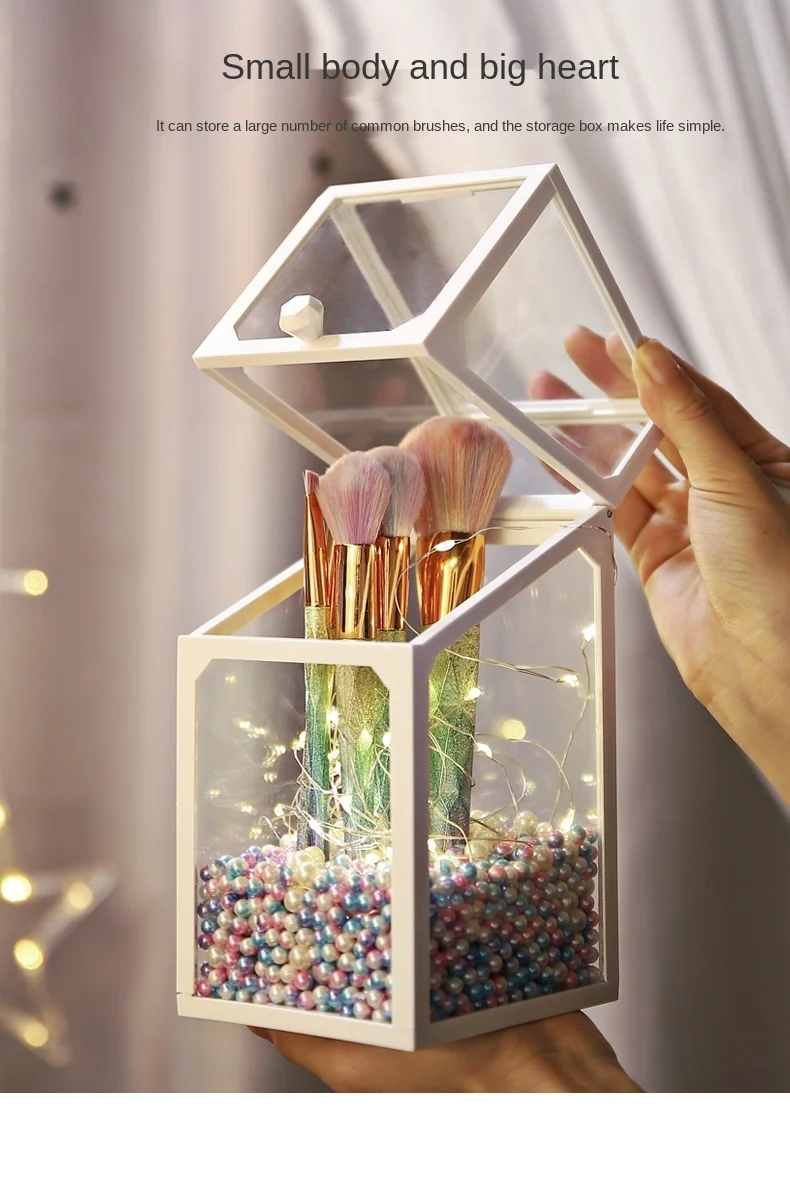 

zq Glass Makeup Brush Storage Box Dustproof Cover Ins Nordic Style Pearl Brush Barrel