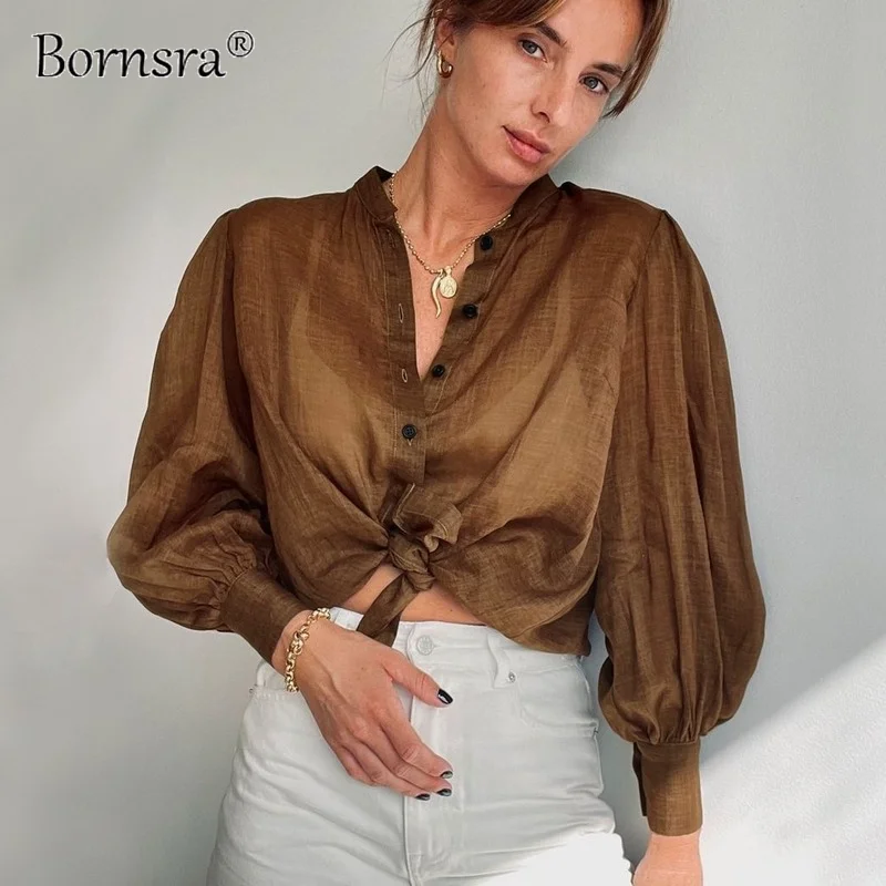

Bornsra 2021 Spring and Summer New Women's Shirt Solid Color Puff Sleeve Loose Fashion Casual Women Coffee Top Shirt Female