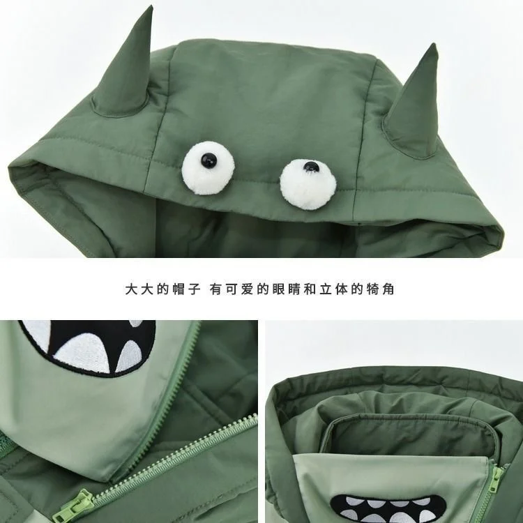 2021 Women New Bat Wing Jacket With Horn Padded Coat Green Halloween Student Color Contrast Down Hood With Eyes Jacket Lovely enlarge
