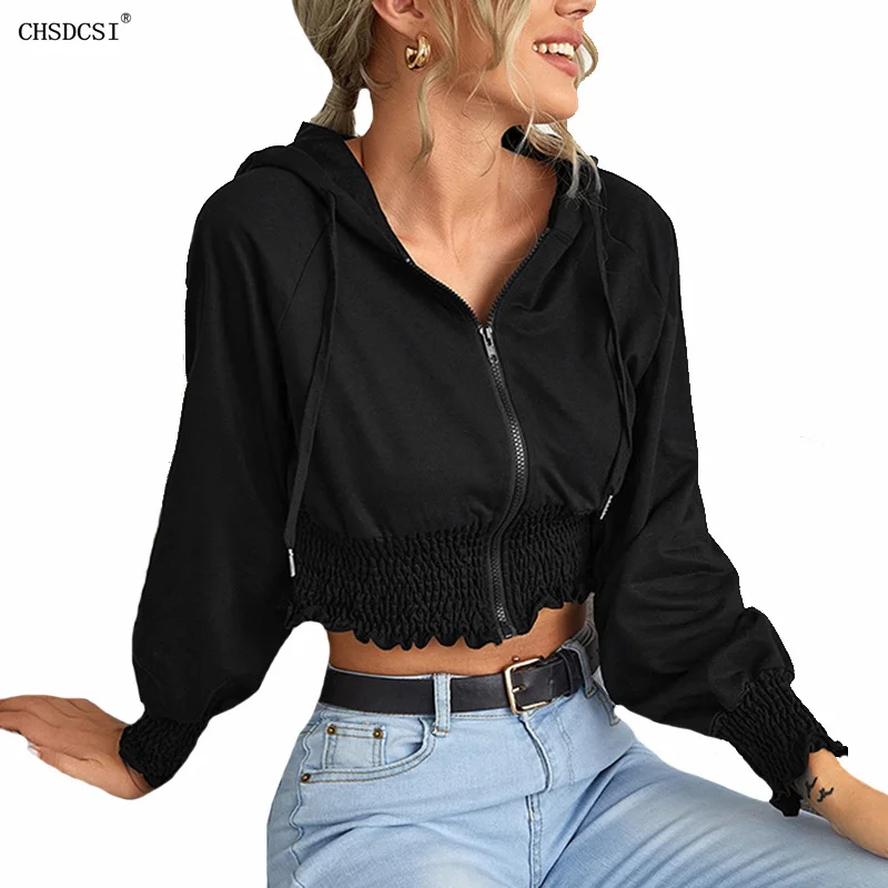 

CHSDCSI Autumn Harajuku Black Hoodie With Zipper Women Sweatshirt 2021 Spring Solid Hoodies Outerwear Short Tops Streetwear