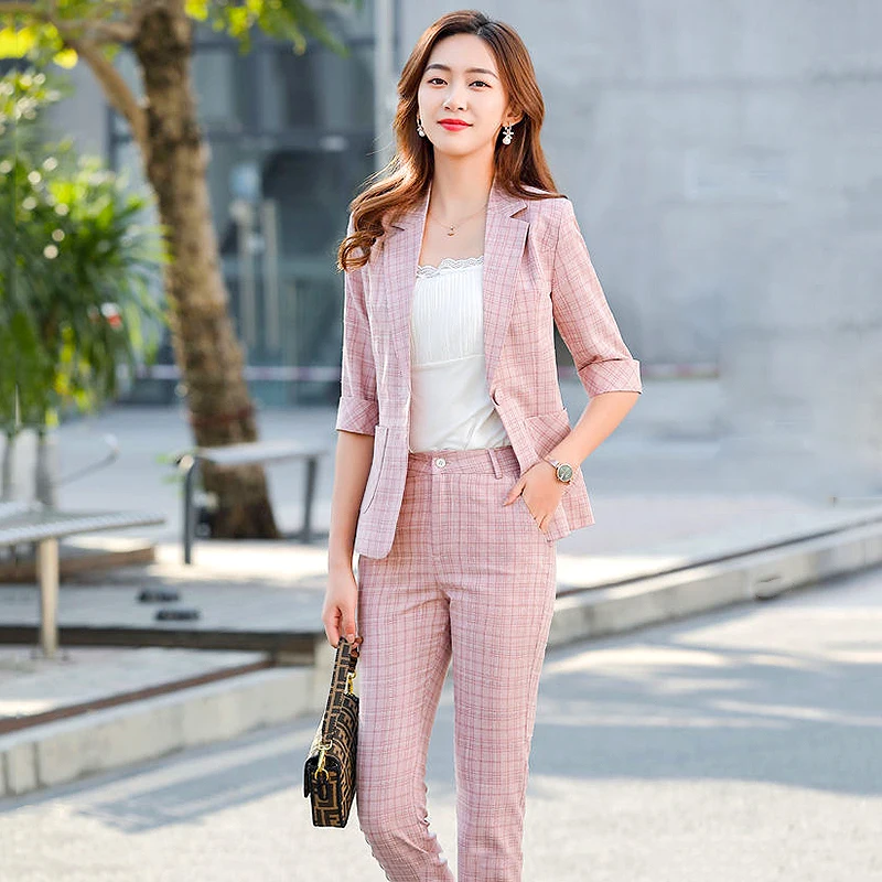 

Spring Summer Two Piece Set Women Plus Size S-5XL Plaid Patterns Slim Coat Women Blazer And Trousers Clothes Women' Suit LS008
