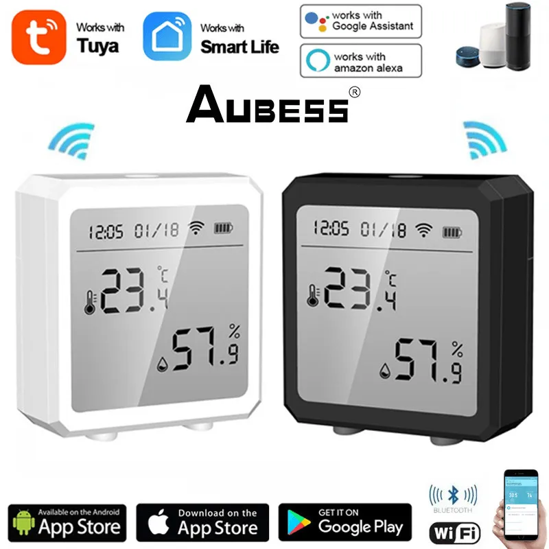

Датчик температуры и влажности Aubess Tuya Smart Life с Wi-Fi, комнатный гигрометр, термометр с ЖК-дисплеем, поддержка Alexa Google