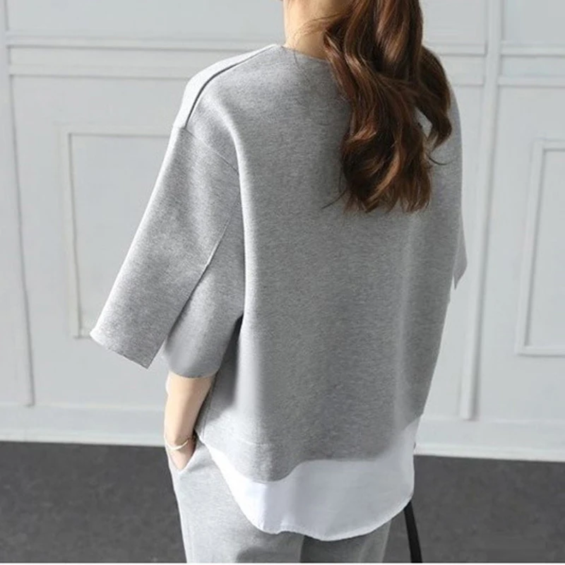 

Girl Autumn Casual O-Neck Fake Two Pieces Top 3/4-Length Pants Two-piece Sets Loose Splits Sleeve Cotton Suits