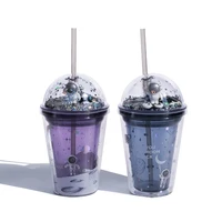 star roaming double layer straw cup astronaut korean lovely plastic portable childrens water cup high beauty student gift