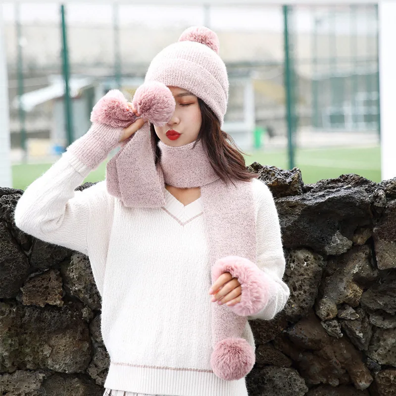 Winter Knitted Wool Hat Scarf Gloves Set Warm Three sets Women Men Plus velvet thickening women ball caps scarf girls