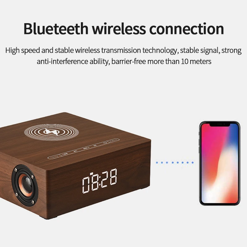 

Retro Wood Multi-Function Bluetooth Speaker Alarm Clock Wireless Charger Column Subwoofer Music Center Surround Sound AUX TF