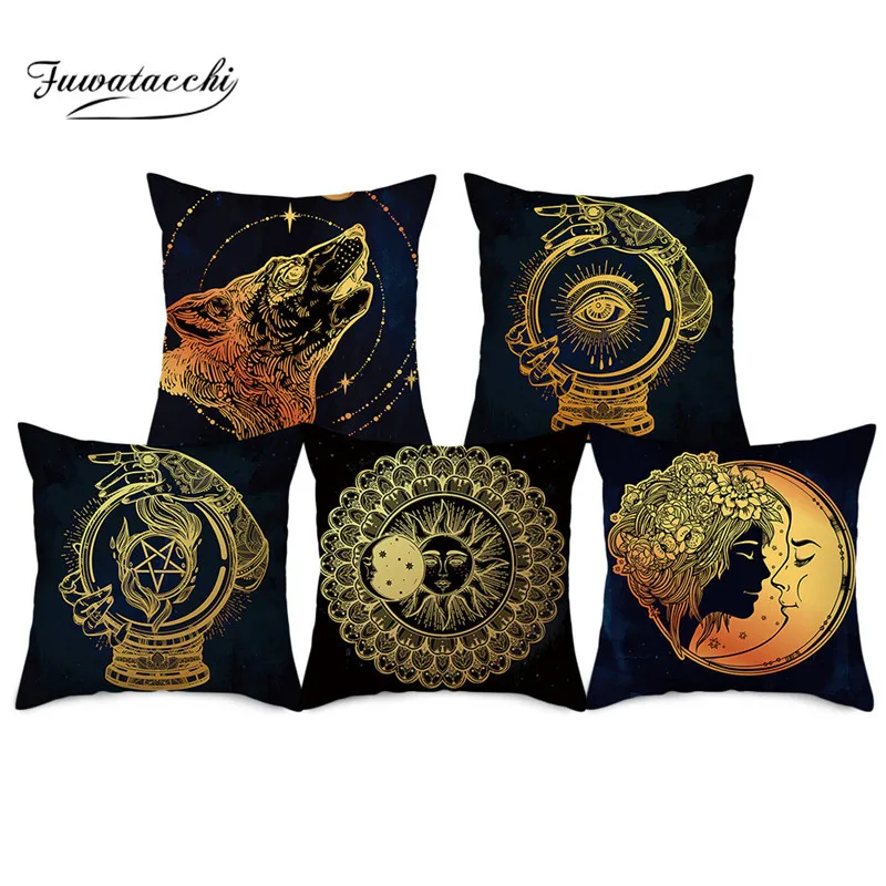 

Fuwatacchi Gold Sun Moon Witchcraft Cushion Cover Black Throw Pillowcase for Home Sofa Car Chair Decorative Pillow Cover 45x45cm