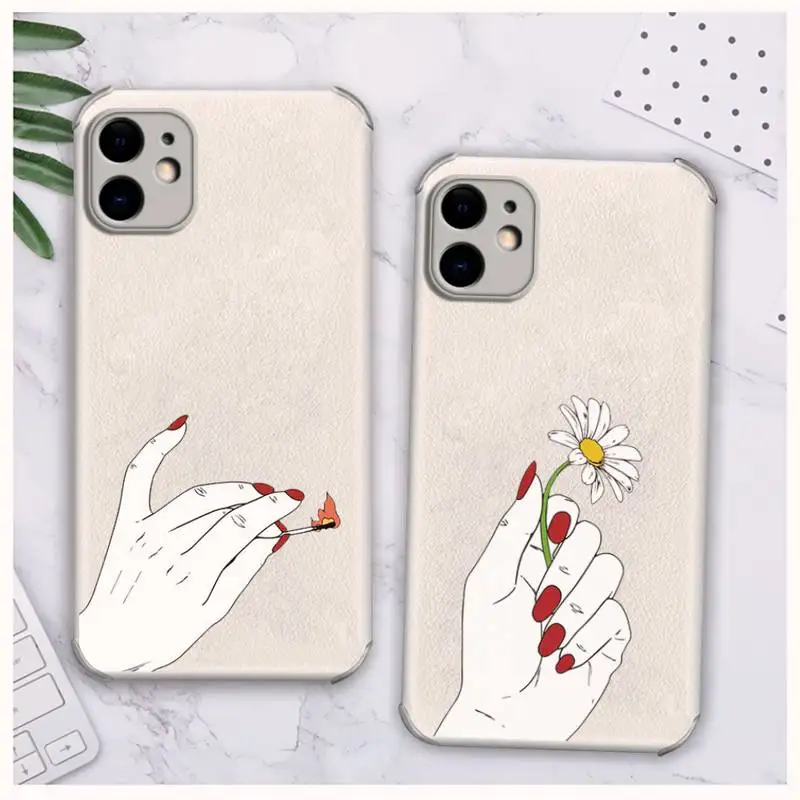 

Hand art daisy Love heart butterfly Phone Case Lambskin Leather For iphone 12 11 8 7 6 XR X XS PLUS MINI PLUS PRO MAX Shockproof