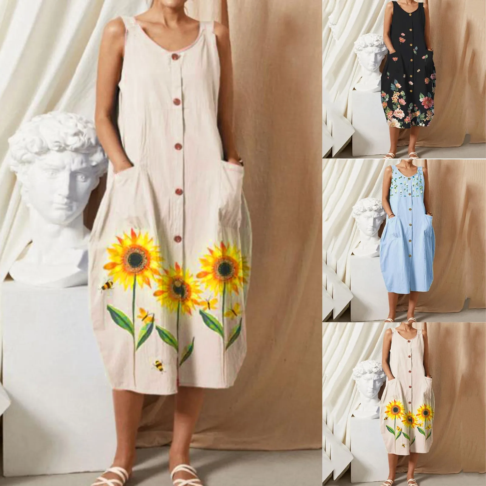 

Женское летнее платье с принтом подсолнухов, v-образный вырез, без рукавов, на пуговицах, до середины икры, жилет с карманами