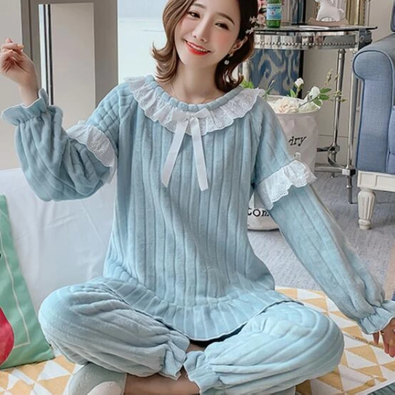 

Coral velvet pajamas women autumn and winter long-sleeved sweet and cute round neck thickened flannel can be worn outside home s