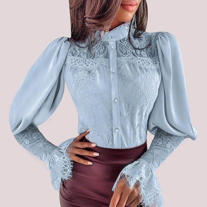 02 Light Blue Cysincos, шифоновые блузки для женщин, осень, модная розовая рубашка с длинным рукавом и v-образным вырезом, офисная блуза, облегающие повседневные топы для женщин размера плюс - Color: 02 Light Blue