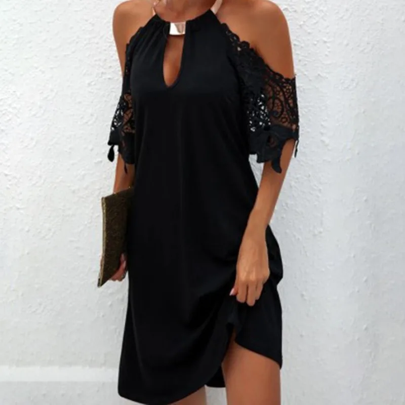 

Off Shoulder Lace Dress Women Hollow Out Embroidery Lady Slim Dresses Sexy Elegant Halter Sleeveless A-Line Mini Dress Summer