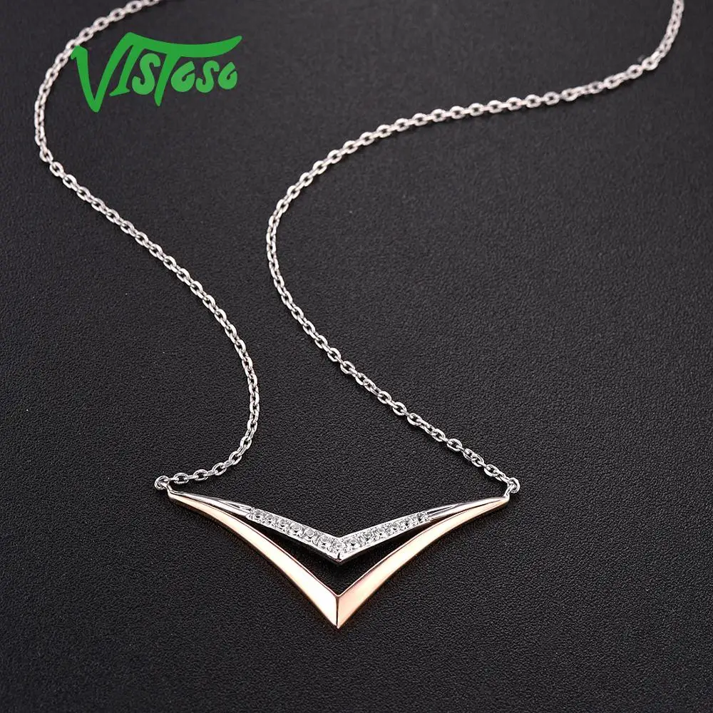 VISTOSO, 10 к, розовое золото и серебро, 925 цепочка, ожерелье для леди, Блестящий Белый сапфир, помолвка, юбилей, элегантное, уникальное, хорошее ювелирное изделие