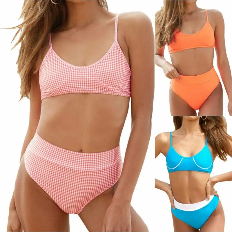 

Women Bikinis 2021 Sling Tops High Waist Brief Beachwear Swimsuit Padded Bikini Set Slim Fit Water Sportswear Swimwear Women