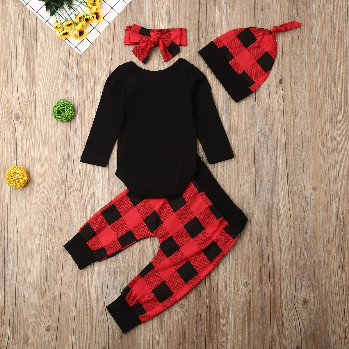 New 4Pcs Xmas Kid Baby Boy Girl Clothes Plaid Romper/T-Shirt+Pants Hat Outfit Set | Детская одежда и обувь