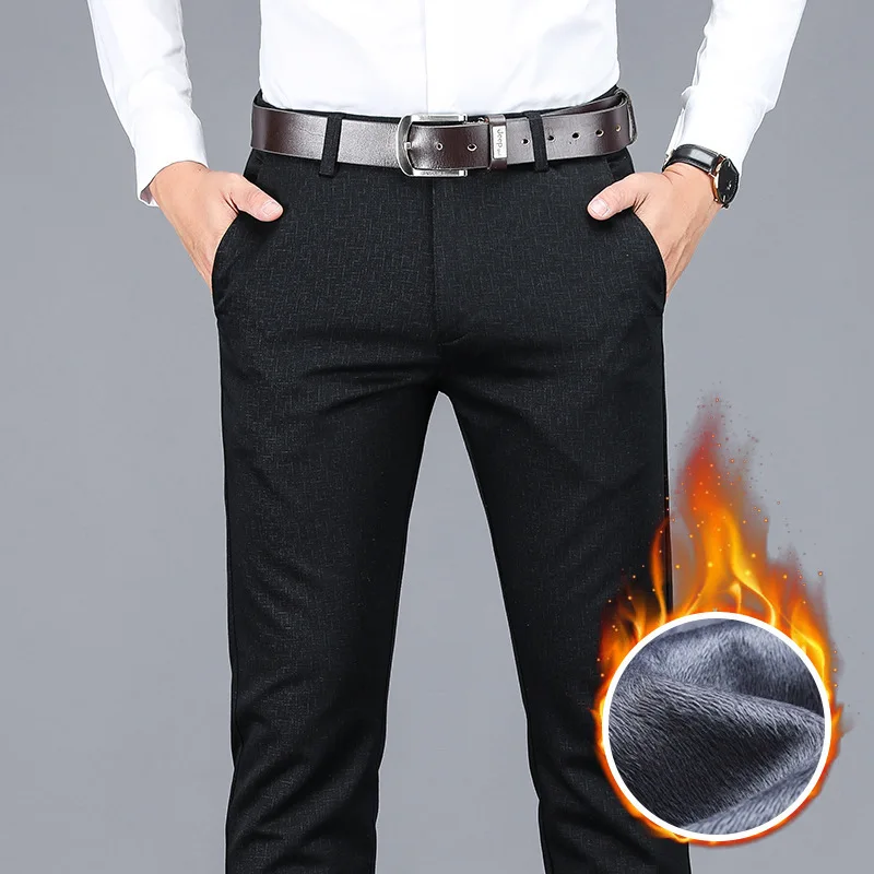 

2021 Men's Fleece Warm Business Casual Pants Size Pants for Men Fashion Black Pants Men Streetwear Clothing