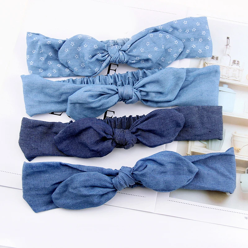 

Denim Color Bunny Ears Headband Women Knotted Bow Hairband Female Stretch Rabbit Ear Hair Band Headdress Hair Accessories