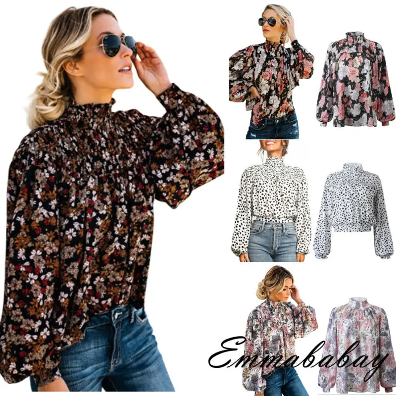 Блузка женская свободного кроя с цветочным принтом и длинным рукавом в стиле