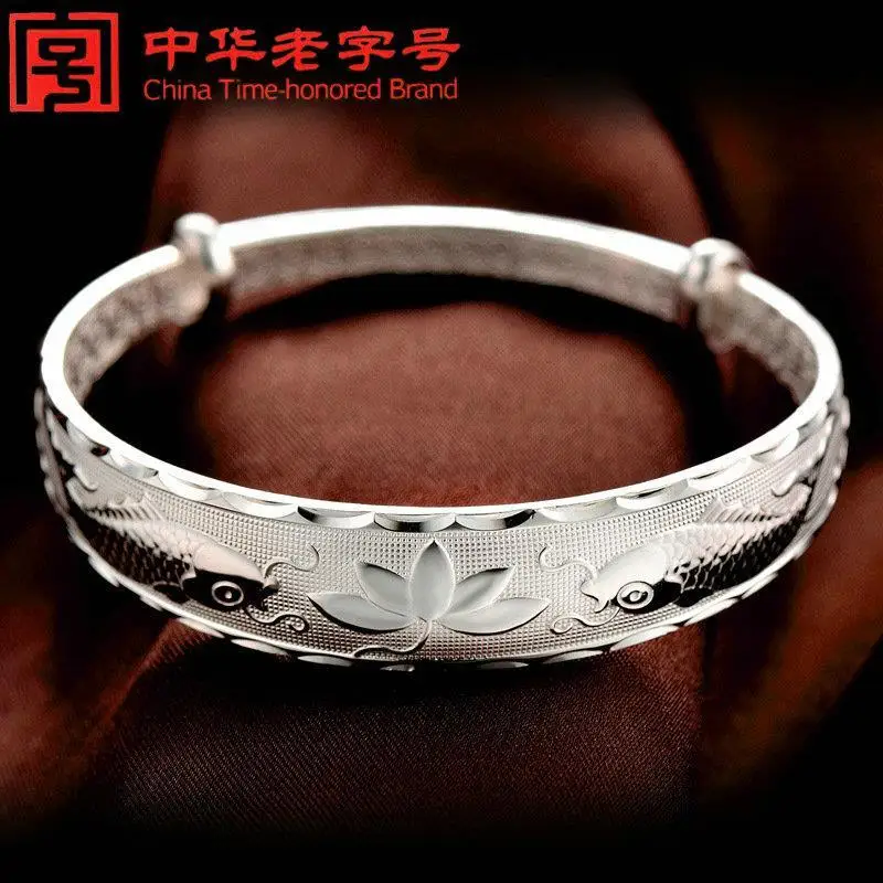 

S999 Pure Silver Bracelet Genuine Double Fish Blessing Bracelet to Give Mom Sterling Silver Bracelet Gift for Elders Consecrated