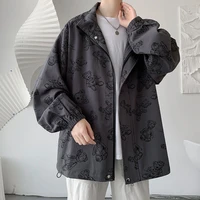 bear print jacket male 2021 autumn and winter trend wild loose outer jacket hip hop streetwear black gray mens jacket