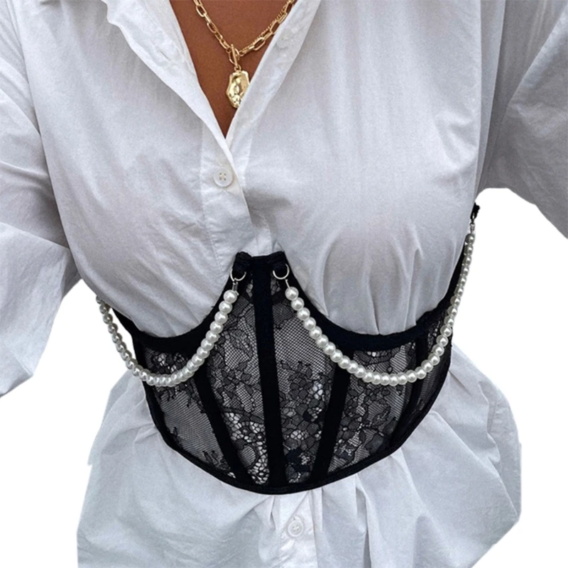 

066C Vintage Backless Short Underbust Corset Top Women Beach Party Net Yarn Mesh
