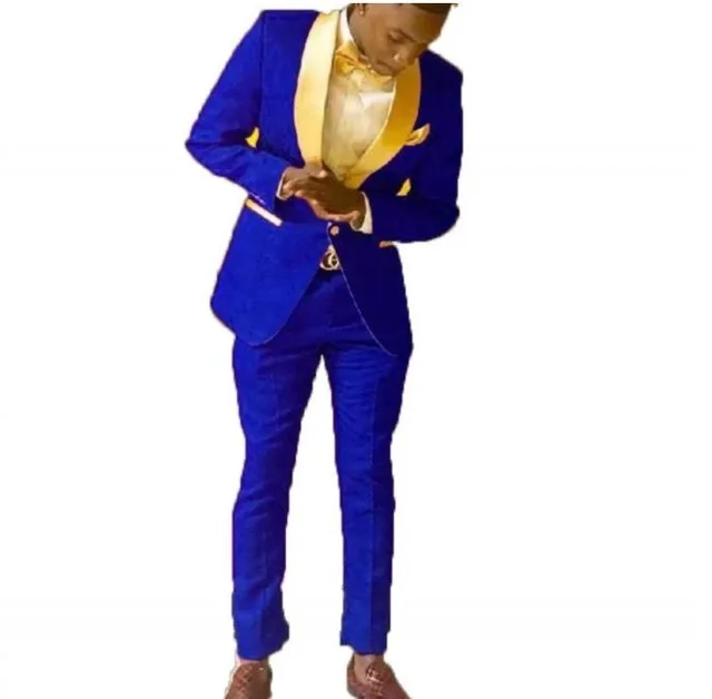 

Смокинг для жениха мужской, шаль с золотым отворотом, 2 предмета, свадебный пиджак + брюки + галстук, Королевский синий цвет