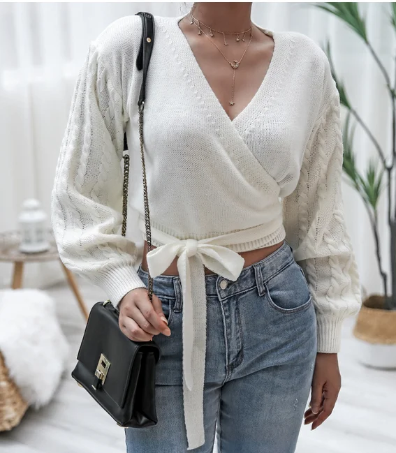 

2020 Women's Autumn Women's Cross Wrap T Shirt, Casual Long Sleeve V Neck Rib Knit Loose Tie Up Crop Top Sweaters For Women 2020