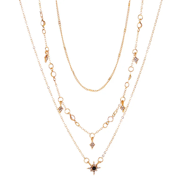 

MDcross border jewelry simple geometry Diamond Star multi-layer alloy necklace personality three-layer Hexameron Pendant
