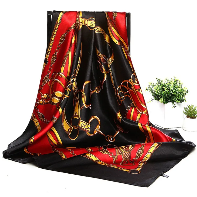 Женский шарф в полоску квадратный из сатина роскошный брендовый бандана большой