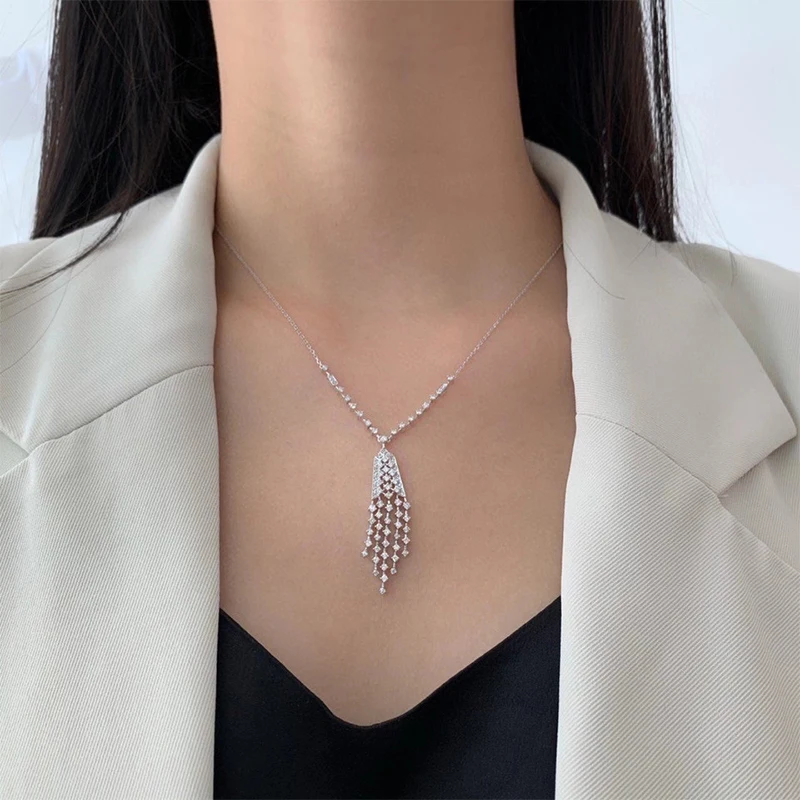 

ANI 18K Solid White Gold Pendant Necklace Real Natural Diamond Luxurious Wedding Fine Jewelry Tassel Women Engagement Necklace