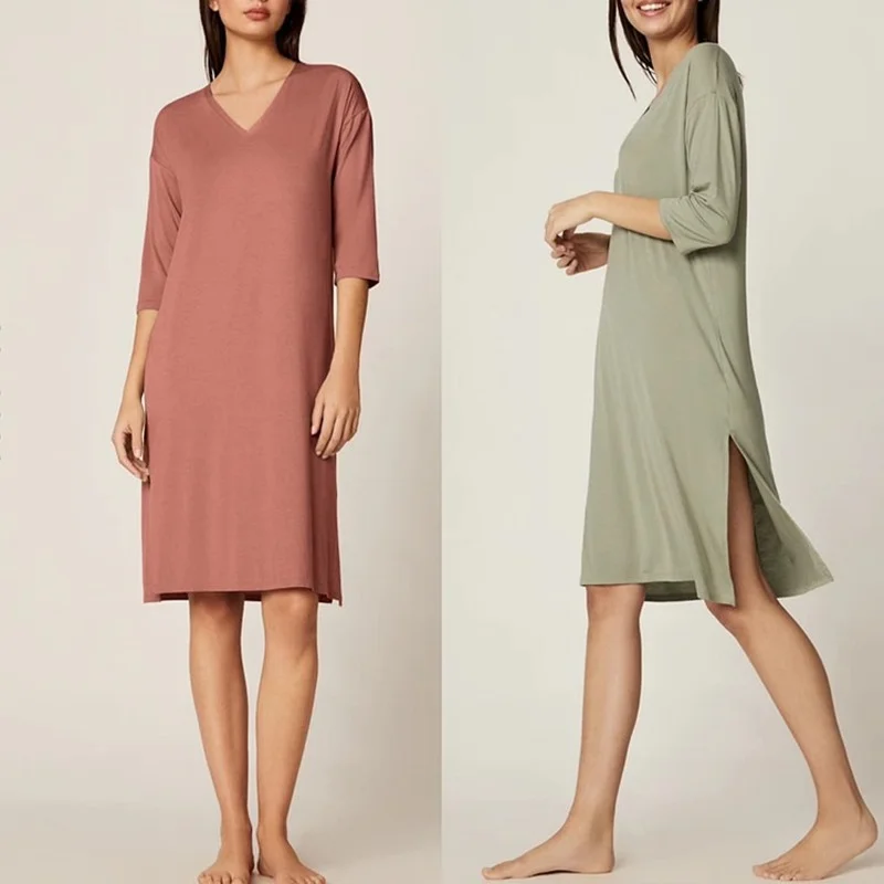 

Ночные рубашки из модала для женщин, домашнее платье, рубашка средней длины с рукавом до локтя, мягкая удобная одежда для сна, Драпированное ...
