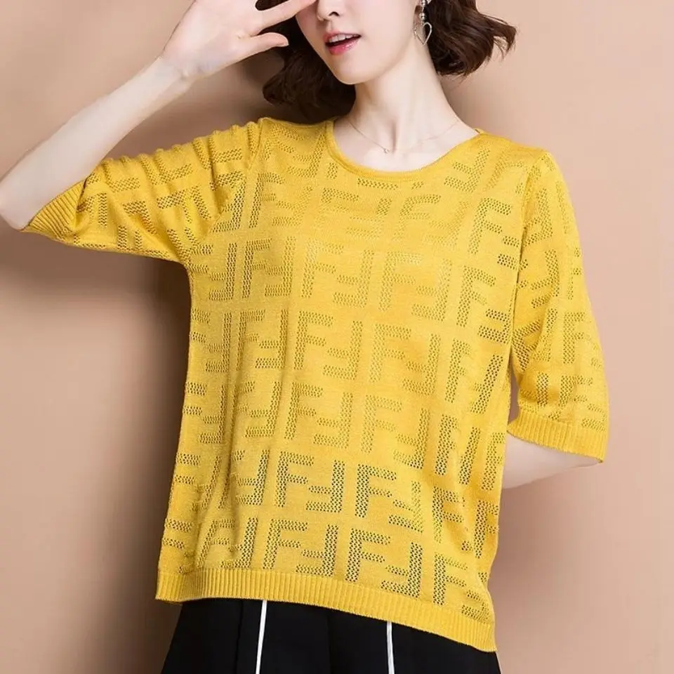 

Summer knitted T-shirt women's new thin ice silk T-shirt short sleeve medium sleeve loose top