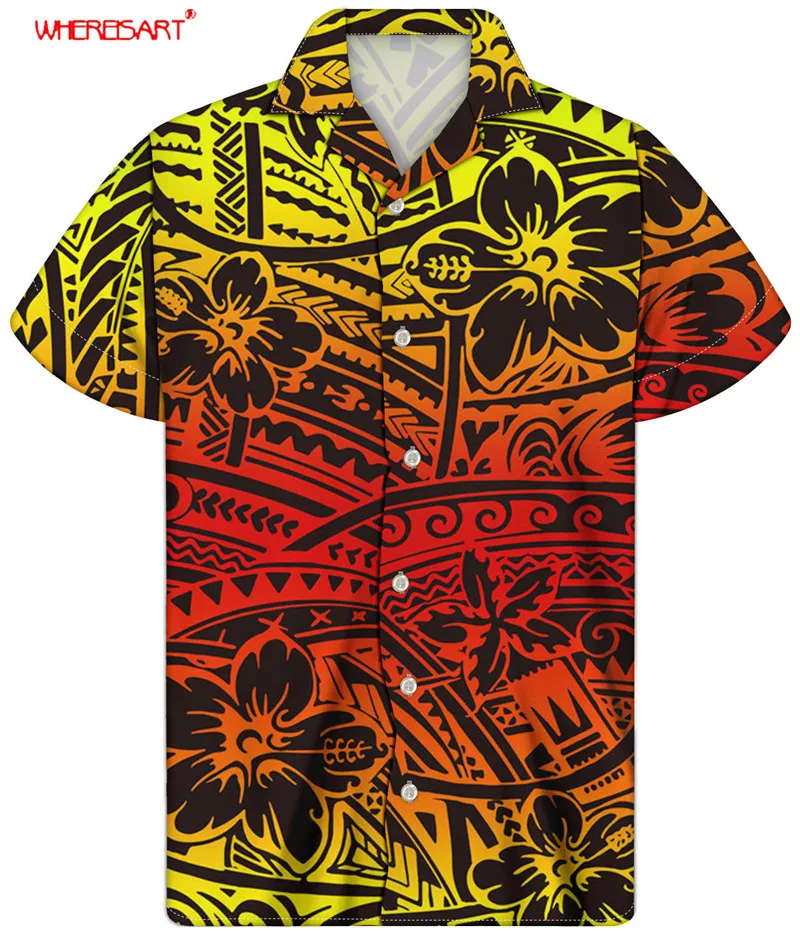 

WHEREISTAR Gradient Shirt for Men Summer Hawaiian Beach Clothing Short Sleeve Retro Tshirt Polynesian Floral Print chemise homme