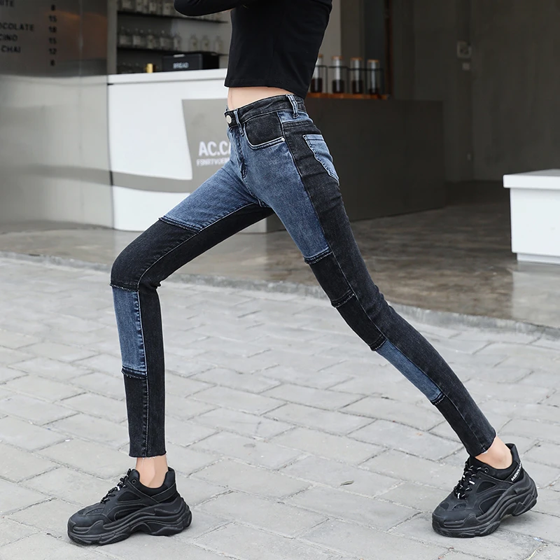 

Plus size 2021 Korean Fashion Ladies Stitching Long jeans Leisure Women Pencil Pants High Waist Patchwork Trousers