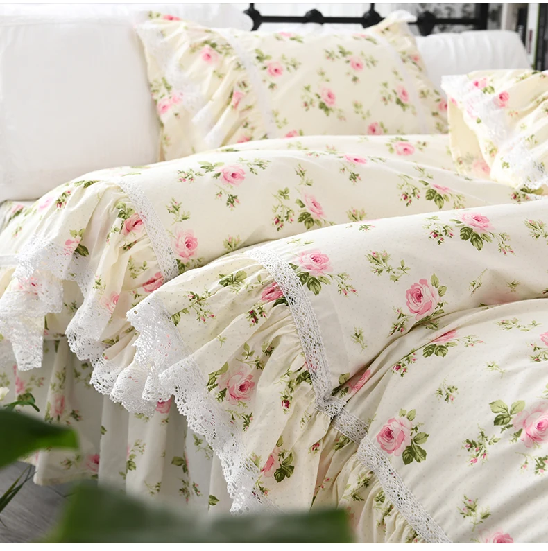 Korean Cotton princess Printed lace lotus leaf plant flower print bed spread duvet cover pillowcase bedding set HM-04F | Дом и сад