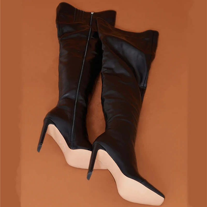 Женские сапоги выше колена на квадратном каблуке с молнией сбоку | Обувь