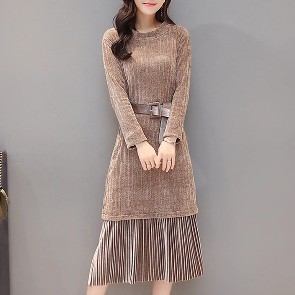 Зимнее бархатное вязаное плиссированное платье женское элегантное свитер