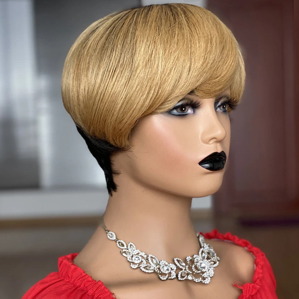 Perucas de Cabelo Humano para Preto Remy em Linha Peruca com Franja Pixie Curto Corte Peruca Reta Feminino Brasileiro Bob Completa Mahine Feito 1 Apliques e perucas